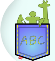 Jean pocket with person and animals inside and ABC stamped on the outside 